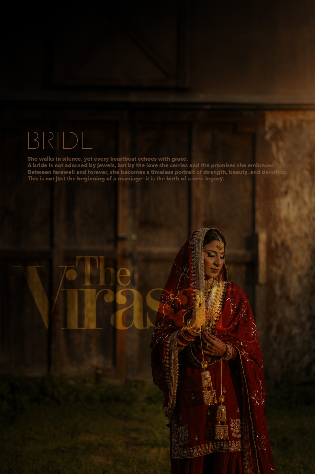 A bride in red bridal attire, seated for a quiet portrait